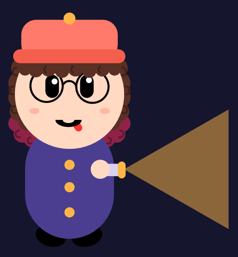 A Lanterninha: funcionária de cinema de cabelo cacheado, óculos redondos, quepe coral e uniforme roxo, com a lanterna acesa